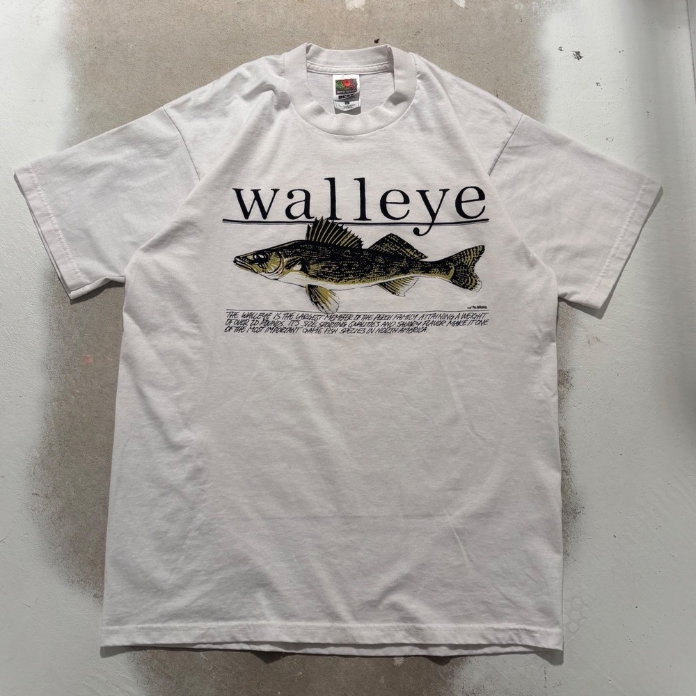Vintage Fruit of the Loom Walleye Fish Graphic T-Shirt Mens Large White 90s Tee